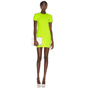Helmut Lang Neon Yellow Mini Dress Ribbed Knit Sheath Short Sleeve Crew …